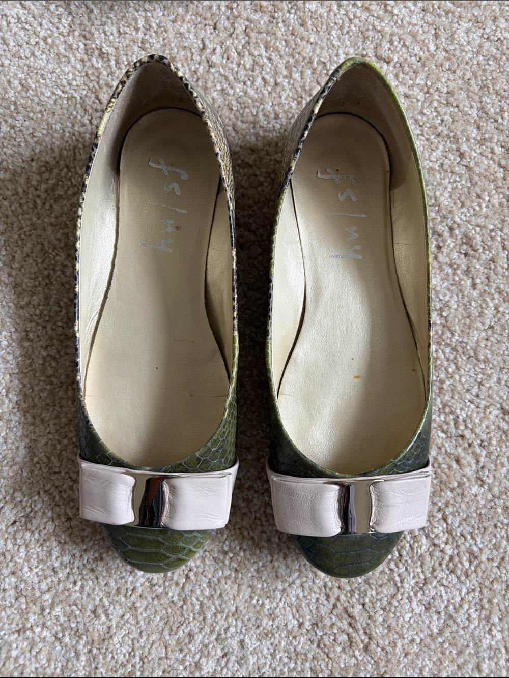 French Sole Olive Snakeskin Ballet Flats with Pale Pink Bow Accent